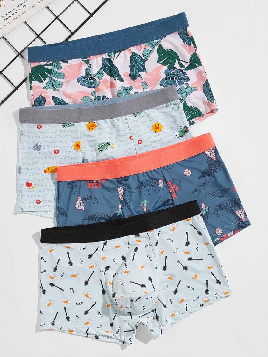 Men 4pcs Tropical & Cartoon Graphic Boxer Brief