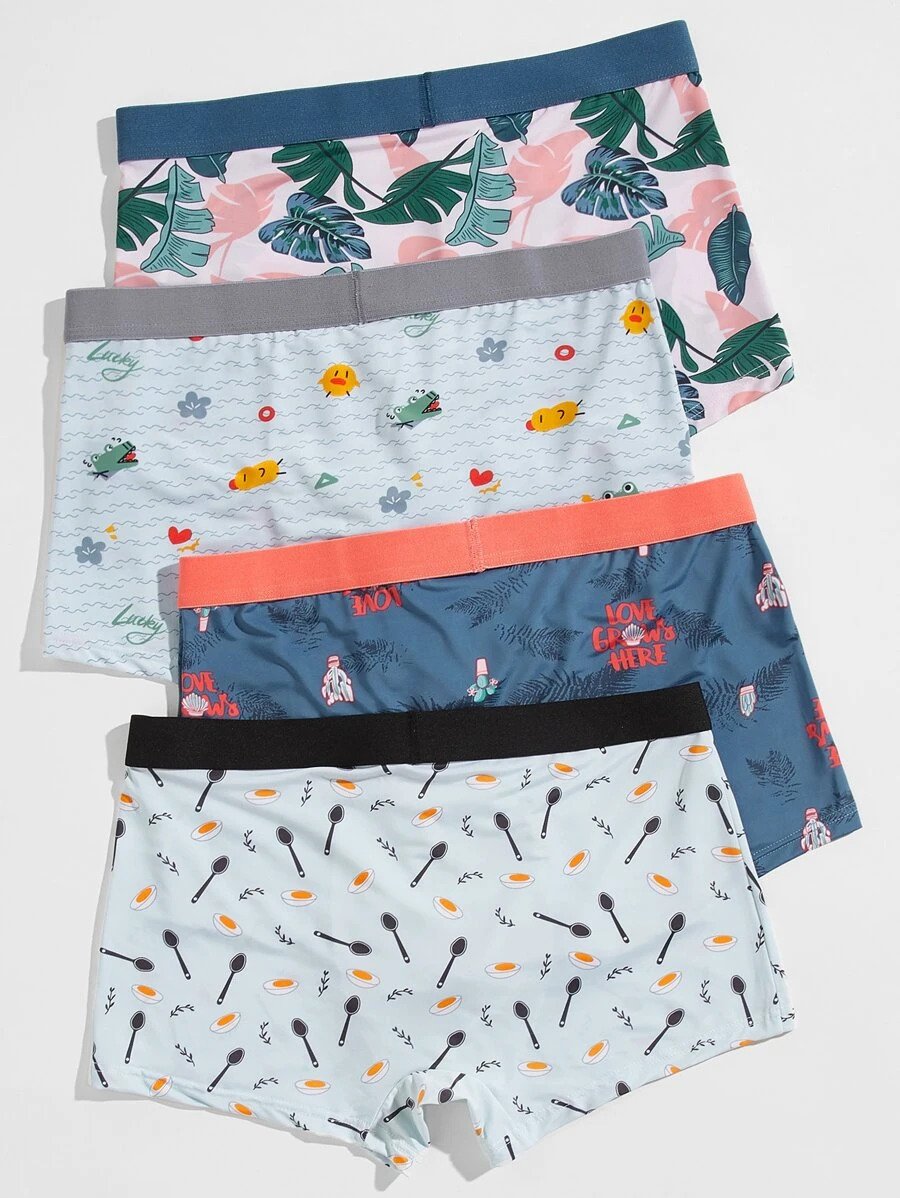 Men 4pcs Tropical & Cartoon Graphic Boxer Brief