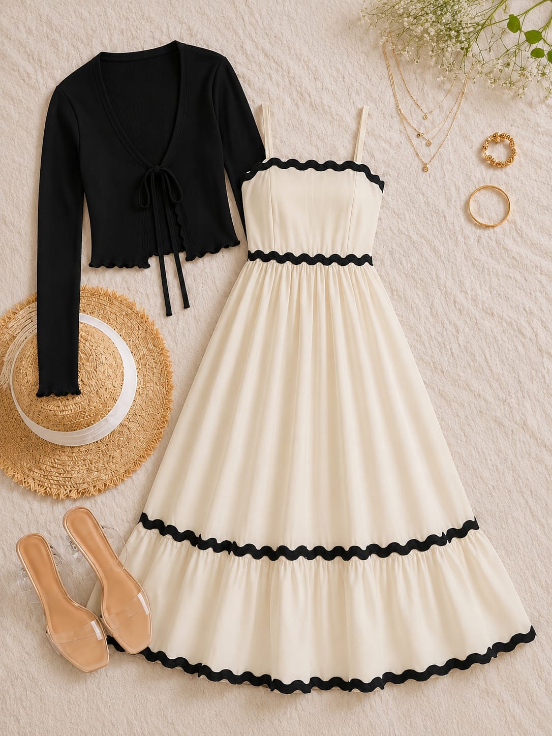 Zanivah Scallop Trim Dress Set with Cardigan co-ord