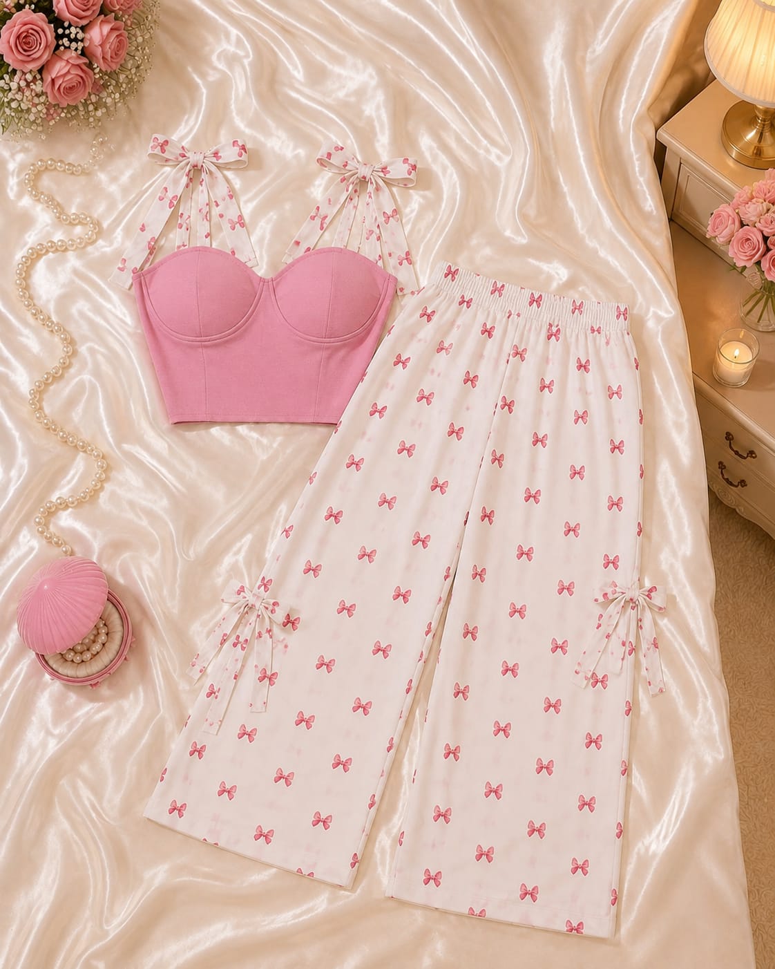 Coquette Bow Print Lounge Co-Ord Set for Women