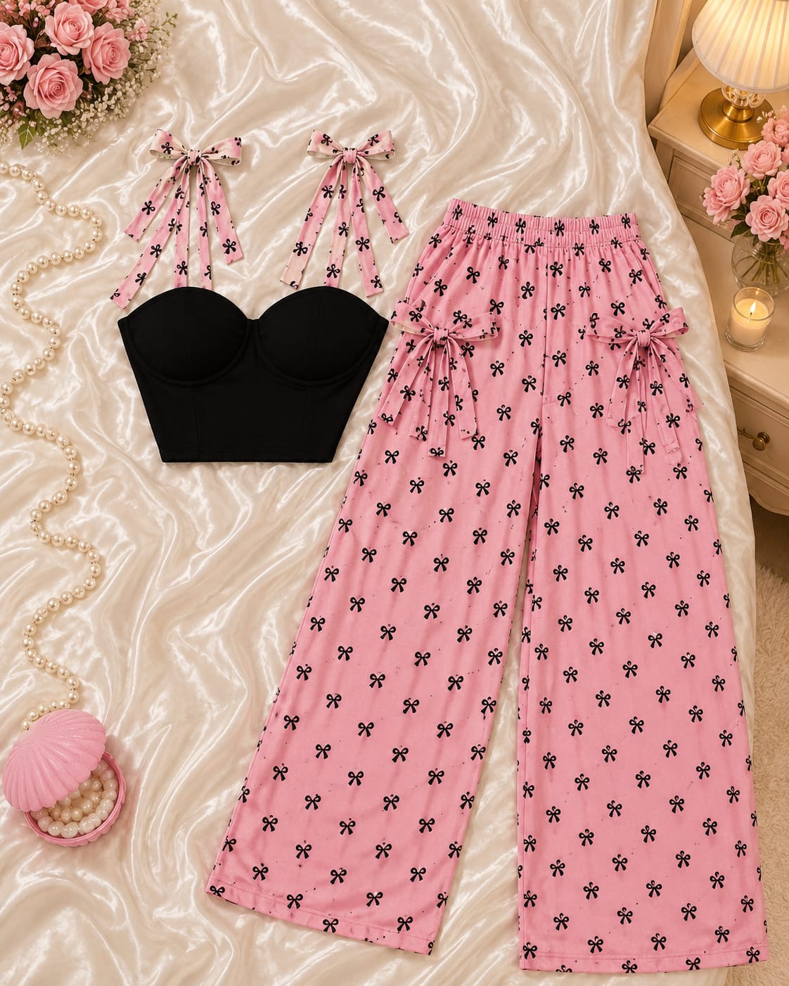 Coquette Bow Print Lounge Co-Ord Set for Women