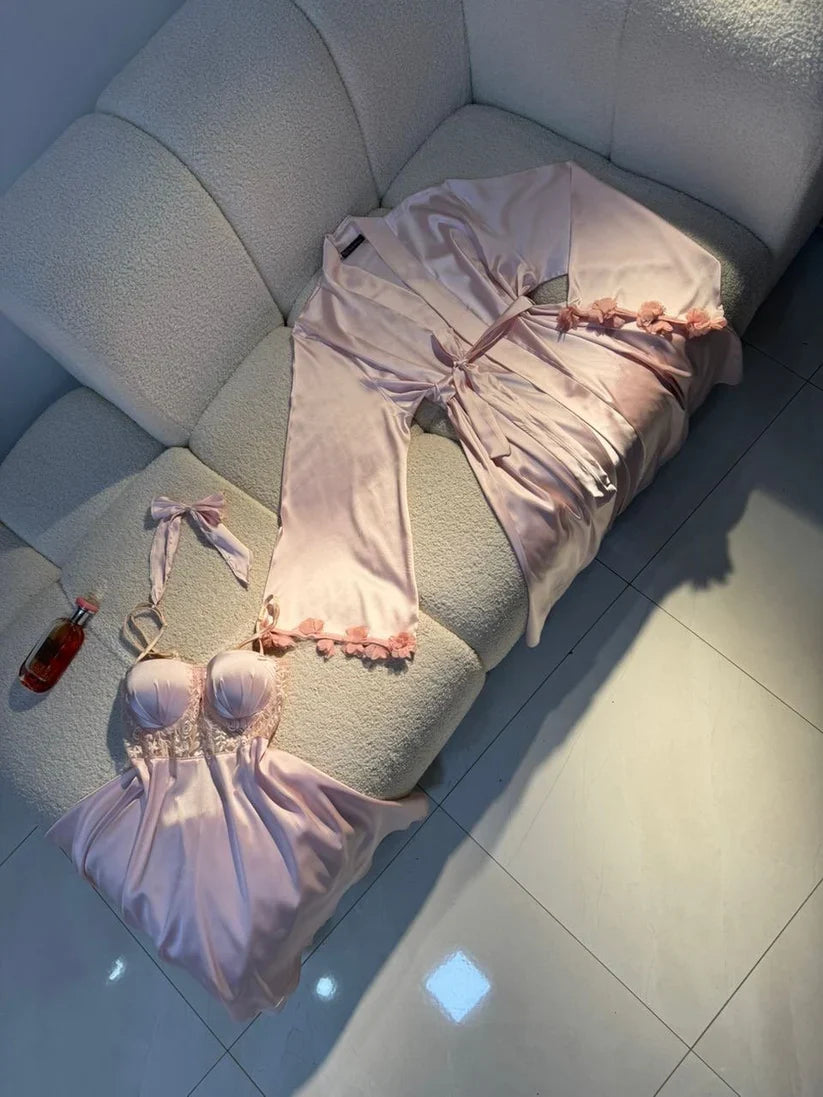 Luxury Satin Lace Nightwear Set for Women – Soft & Elegant Sleepwear (Soft Pink)