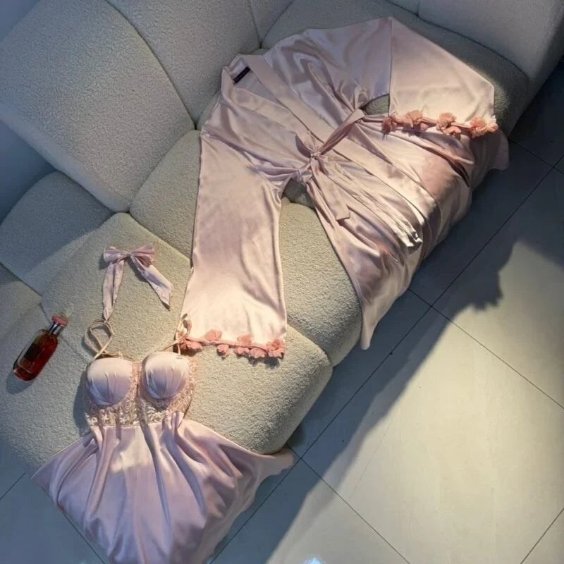 Luxury Satin Lace Nightwear Set for Women – Soft & Elegant Sleepwear (Soft Pink)