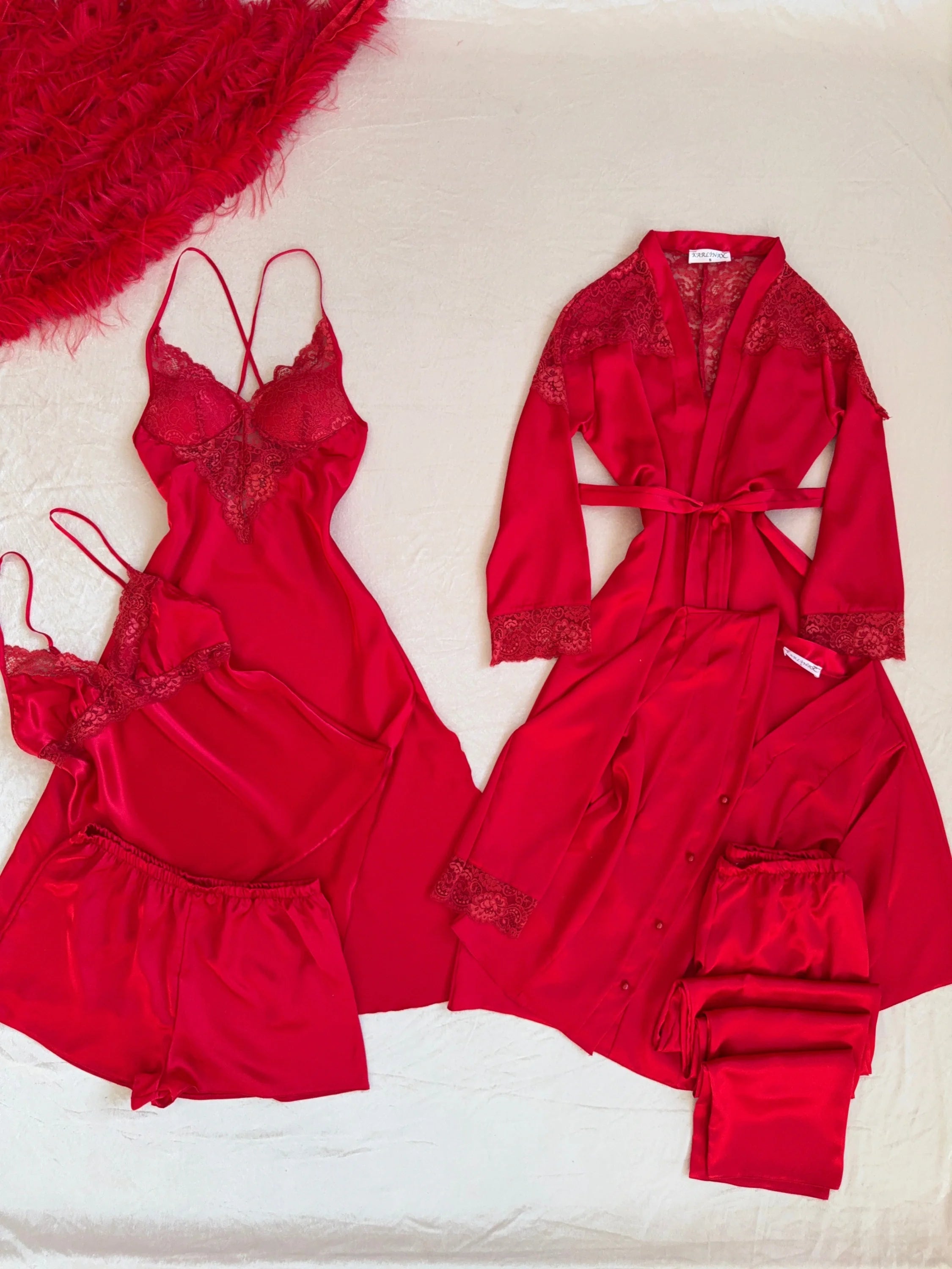 Red Lace 6-Piece Satin Bridal Lingerie Set | Women's Satin Nightgown & Robe Set