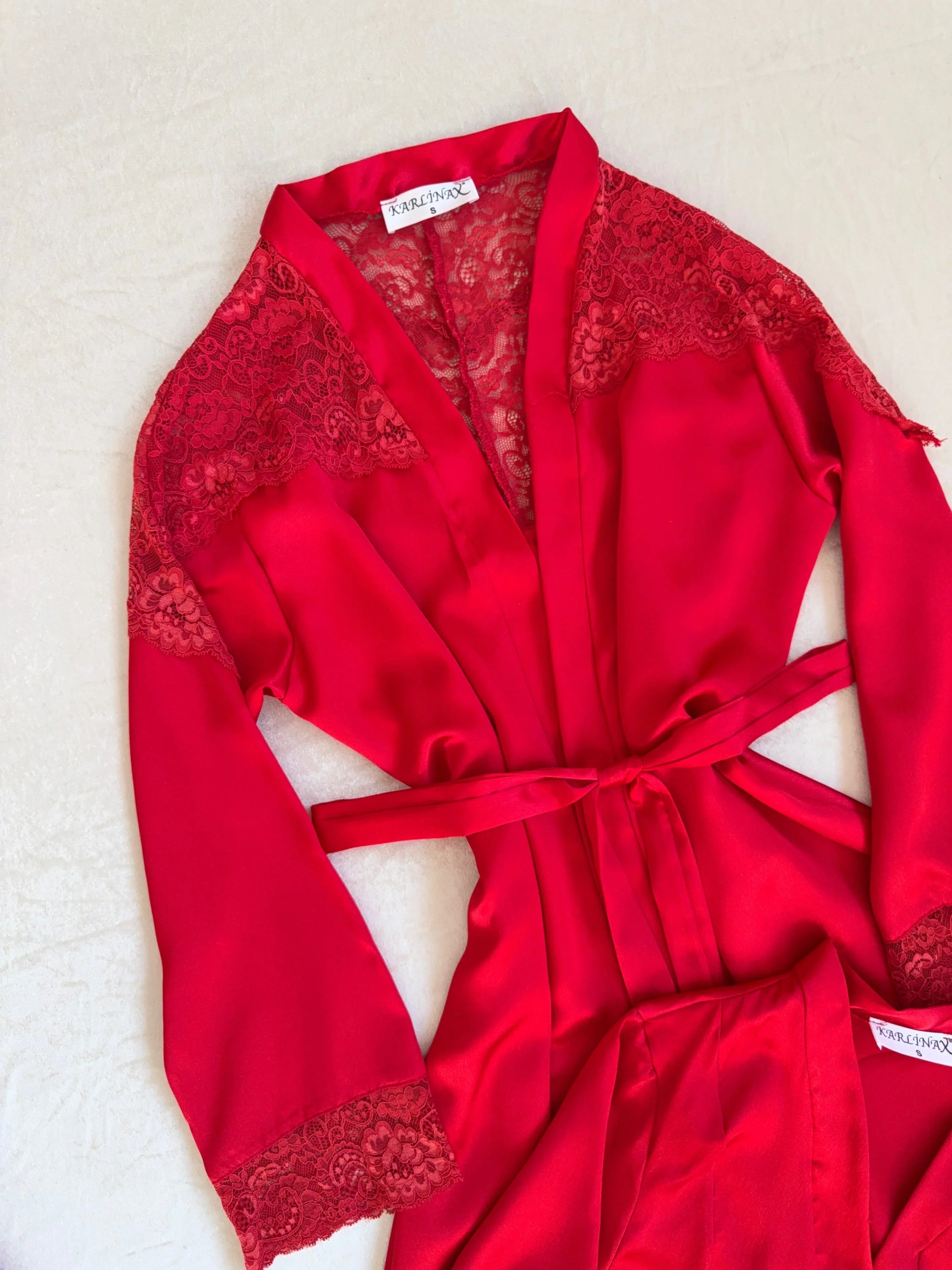 Red Lace 6-Piece Satin Bridal Lingerie Set | Women's Satin Nightgown & Robe Set