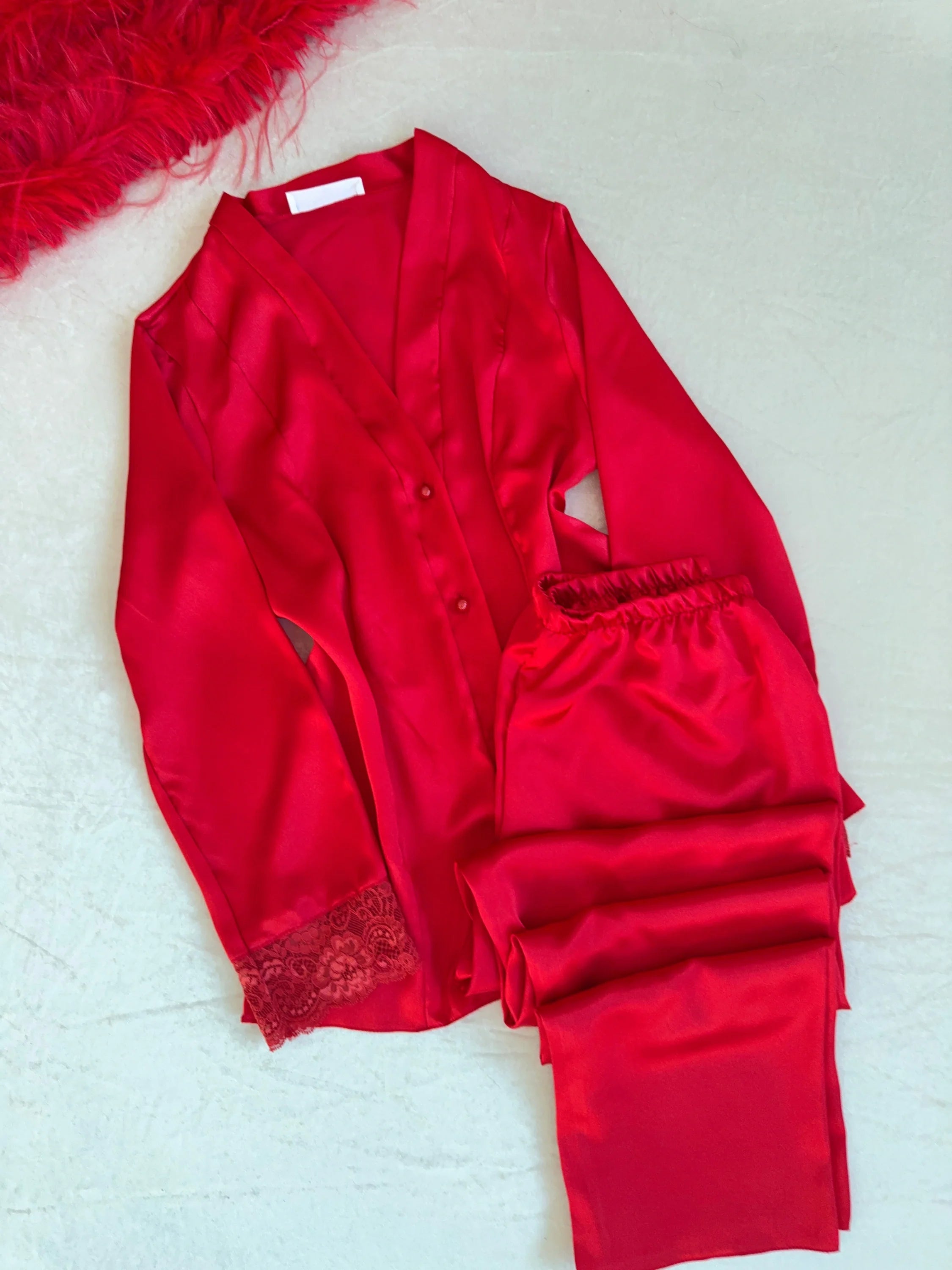 Red Lace 6-Piece Satin Bridal Lingerie Set | Women's Satin Nightgown & Robe Set